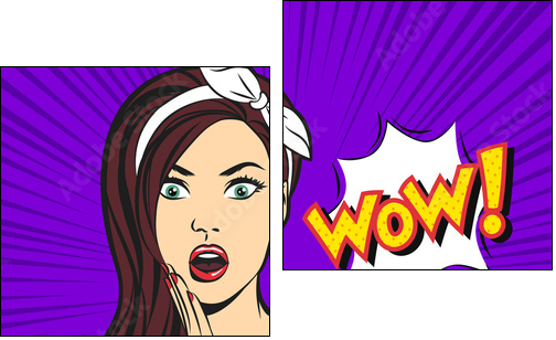 Vector pop art surprised woman face with open mouth and a WOW bubble - Obraz dwuczęściowy, Dyptyk