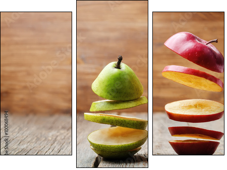 flying slices of fruit: apple, pear - Obraz trzyczęściowy, Tryptyk