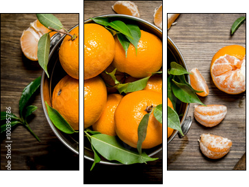 Fresh tangerines with a knife and peeled mandarins in the bucket. - Obraz trzyczęściowy, Tryptyk