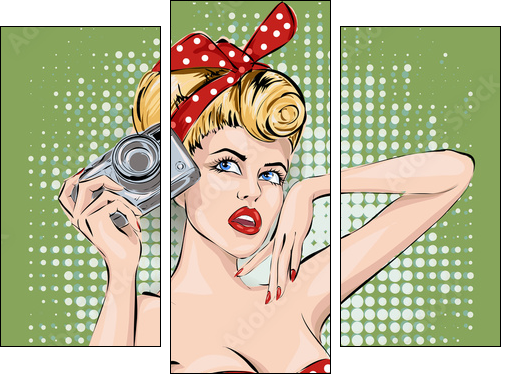 Pin-up sexy woman with camera taking pictures - Obraz trzyczęściowy, Tryptyk