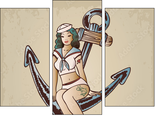 Vintage pinup sailor girl sitting on an anchor - Obraz trzyczęściowy, Tryptyk