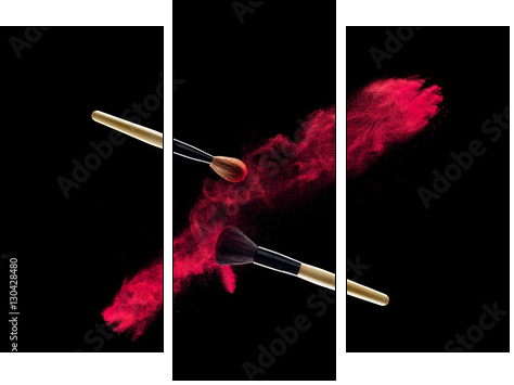 Make-up brush with powder explosion on black background - Obraz trzyczęściowy, Tryptyk