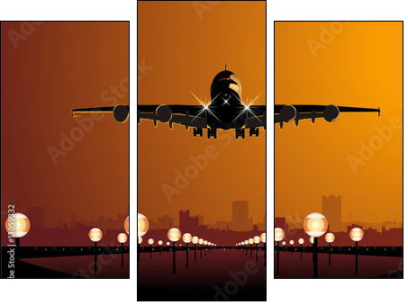 Vector airliner landing at sunset  - Obraz trzyczęściowy, Tryptyk