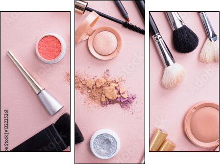 Set of decorative cosmetics on color background - Obraz trzyczęściowy, Tryptyk