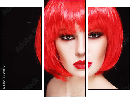 Portrait of young beautiful sexy girl with stylish make-up and fancy bob style red wig - Obraz trzyczęściowy, Tryptyk