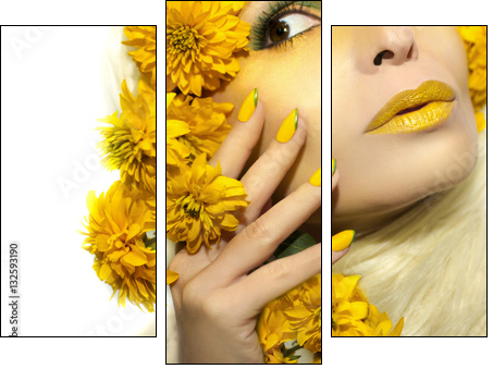 Yellow makeup and manicure with a sharp oval shape of the nails on the girl with the flowers. - Obraz trzyczęściowy, Tryptyk