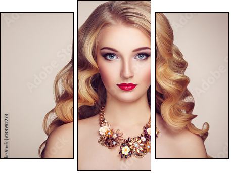 Fashion portrait of young beautiful woman with jewelry and elegant hairstyle. Blonde girl with long wavy hair. Perfect make-up.  Beauty style model - Obraz trzyczęściowy, Tryptyk