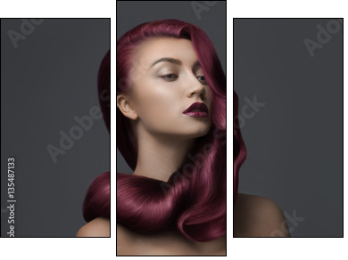 woman with beautiful dark pink hair - Obraz trzyczęściowy, Tryptyk