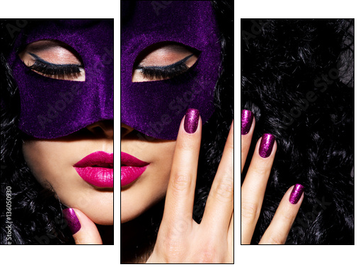 Beautiful  woman with  violet theatre mask on face and purple na - Obraz trzyczęściowy, Tryptyk
