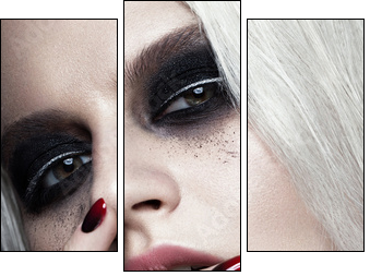 Beautiful blond girl with dark smokey makeup and art manicure design nails. beauty face. Photos shot in studio - Obraz trzyczęściowy, Tryptyk