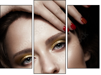 Beautiful girl with evening make-up, red lips in rhinestones and design manicure nails. beauty face. Photos shot in studio - Obraz trzyczęściowy, Tryptyk