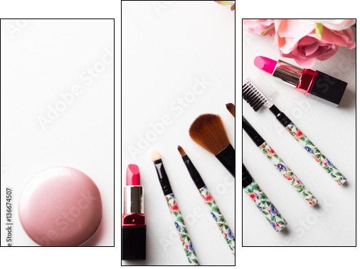 Make up products lipstick, blush and tools brushes with pink roses flowers on white background. Lifestyle woman still life - Obraz trzyczęściowy, Tryptyk