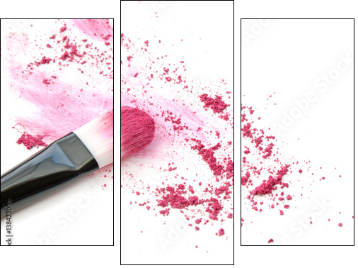 Close up of crushed blush on white background and cosmetic brush - Obraz trzyczęściowy, Tryptyk