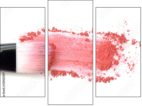Close up of crushed blush on white background and cosmetic brush - Obraz trzyczęściowy, Tryptyk