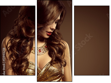 Woman Hairstyle, Beautiful Fashion Model Long Brown Hair Style, Sexy Girl in Elegant Golden Dress - Obraz trzyczęściowy, Tryptyk