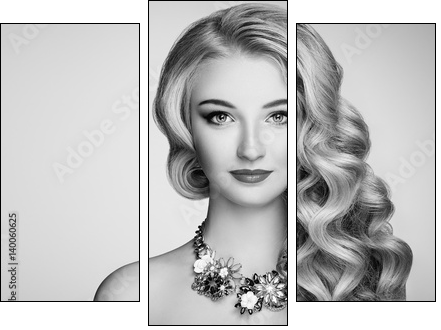 Black and white photo of beautiful woman with elegant hairstyle. Blonde girl with long wavy hair. Jewelry and make-up. Beauty style model - Obraz trzyczęściowy, Tryptyk