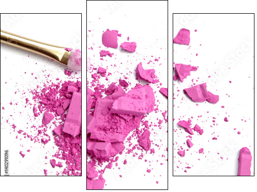 Close up of crushed blush on white background and cosmetic brush - Obraz trzyczęściowy, Tryptyk
