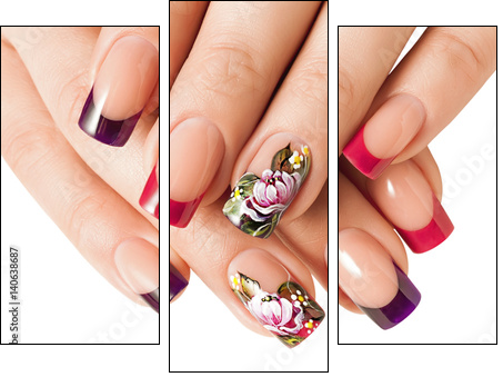 Female manicure and floral patterns. Isolated on white. - Obraz trzyczęściowy, Tryptyk