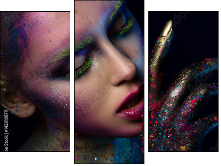 Portrait of young beautiful woman with modern fashion makeup - Obraz trzyczęściowy, Tryptyk