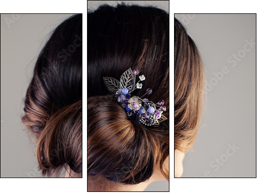 Bridal or Prom Hairstyle. Beautiful Woman with Brown Hair and Hairdeco, Back View - Obraz trzyczęściowy, Tryptyk