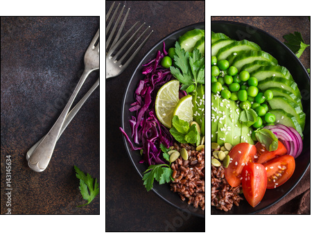 vegan lunch bowl. Avocado, red rice, tomato, cucumber, red cabbage, green peas vegetables salad - Obraz trzyczęściowy, Tryptyk