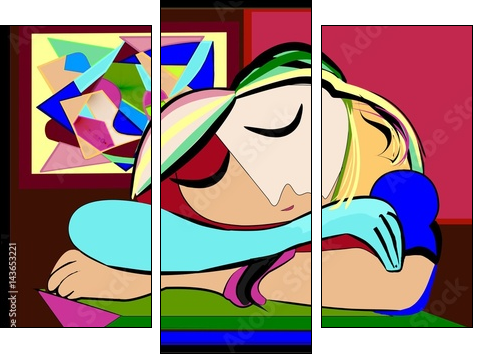 sfondo astratto colorato , ispirato a picasso , donna riposa - Obraz trzyczęściowy, Tryptyk