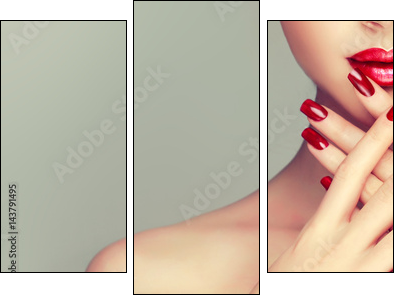 Beautiful girl showing red  manicure nails . makeup and cosmetics - Obraz trzyczęściowy, Tryptyk