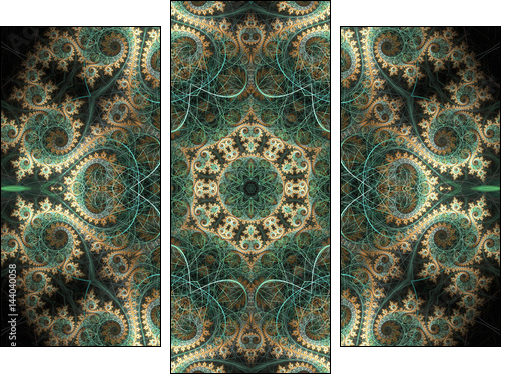 Green and gold fractal spirals, digital artwork for creative gra - Obraz trzyczęściowy, Tryptyk