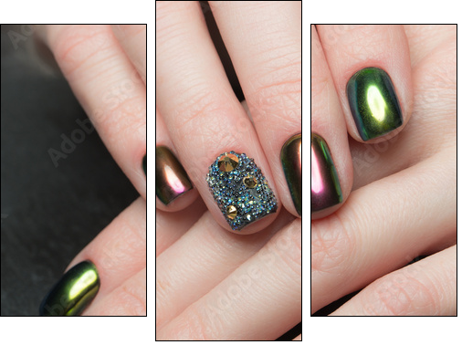 Beautifil Colorful manicure with rhinestone. Nail Design. Close-up. - Obraz trzyczęściowy, Tryptyk