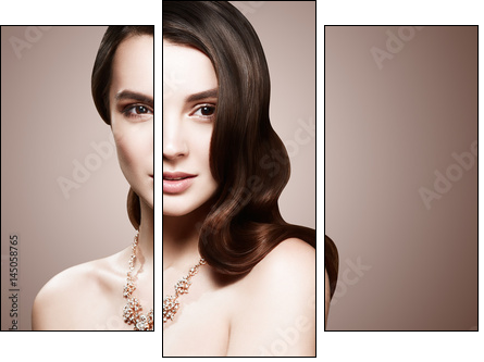 Beautiful model girl with long wavy and shiny hair . Woman with curly hairstyle. Face with clean fresh skin close up. - Obraz trzyczęściowy, Tryptyk