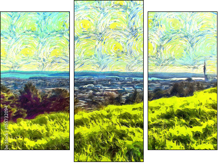grass filled hillside against a background of trees and a blue sky with clouds - Obraz trzyczęściowy, Tryptyk