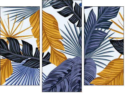 Blue gold palm leaves seamless white background - Obraz trzyczęściowy, Tryptyk