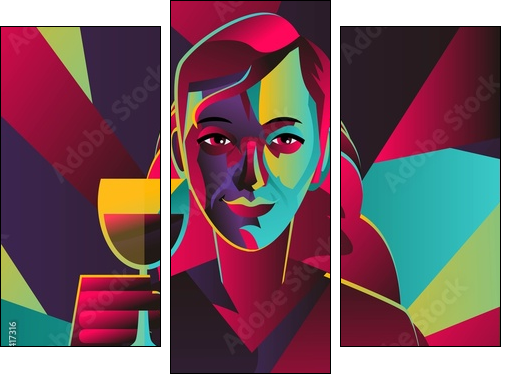 cubist colorful girl drinking wine - Obraz trzyczęściowy, Tryptyk