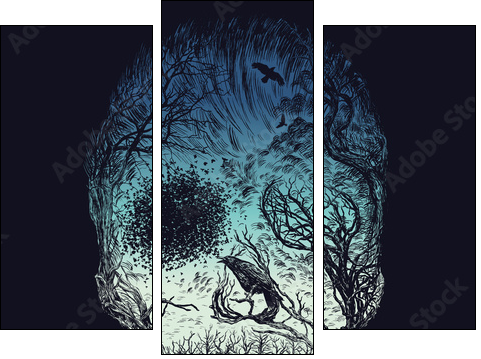 Hand Drawn Abstract Skull Made from Trees and foliage in color - Obraz trzyczęściowy, Tryptyk