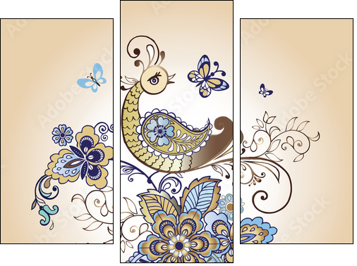 Fantastic bird and floral ornament with paisley. Vintage gold ornament with paisley - Obraz trzyczęściowy, Tryptyk