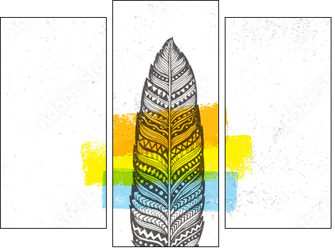 Ethno Tribal Feather Creative Vector Illustration On Rough Background. Stylish Handmade Design Element - Obraz trzyczęściowy, Tryptyk