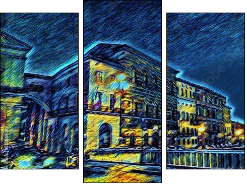 Ponte di mezzo in Pisa, Italy. Old houses at embankment. Italian bridge. Big size oil painting fine art in Vincent Van Gogh style. Modern impressionism drawn. Creative artistic print or poster. - Obraz trzyczęściowy, Tryptyk