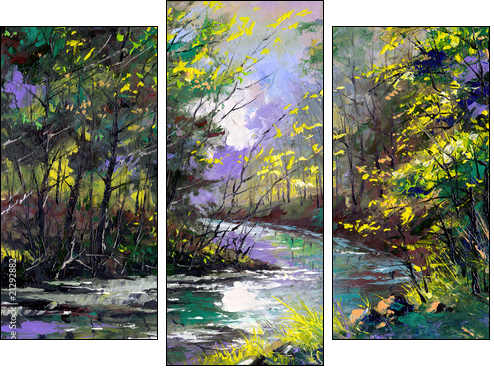 Autumn landscape with the wood river  - Obraz trzyczęściowy, Tryptyk