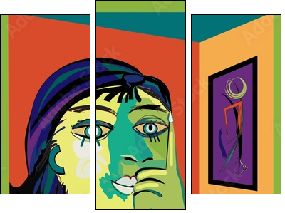 Colorful abstract background, inspired by Picasso, thinking woman - Obraz trzyczęściowy, Tryptyk