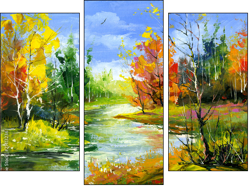 Autumn landscape with the wood river  - Obraz trzyczęściowy, Tryptyk