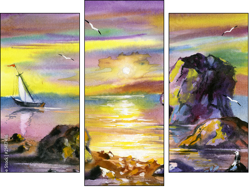 Sea water colour landscape  - Obraz trzyczęściowy, Tryptyk