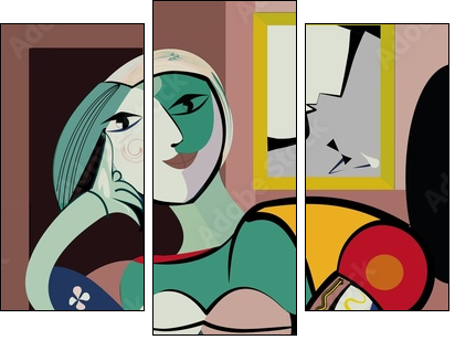Colorful abstract background, inspired by Picasso, woman in armchair - Obraz trzyczęściowy, Tryptyk