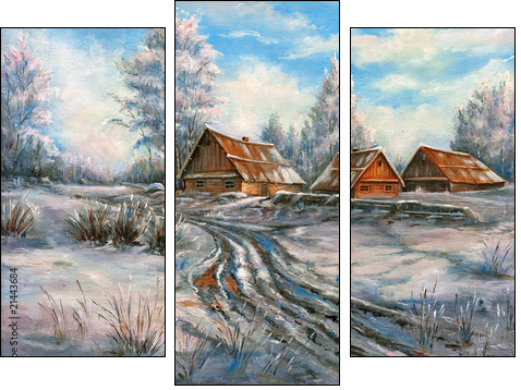 The winter rural landscape drawn by oil on a canvas  - Obraz trzyczęściowy, Tryptyk