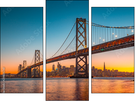 San Francisco skyline with Bay Bridge at sunset, California, USA - Obraz trzyczęściowy, Tryptyk