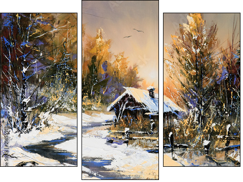 Rural winter landscape  - Obraz trzyczęściowy, Tryptyk