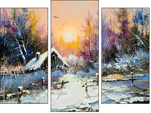 Rural winter landscape  - Obraz trzyczęściowy, Tryptyk
