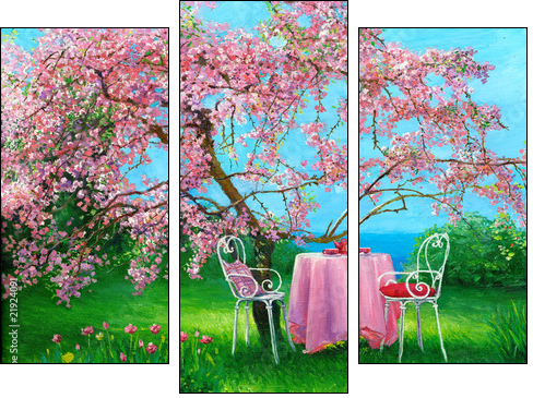 Blossoming plum in a spring garden  - Obraz trzyczęściowy, Tryptyk