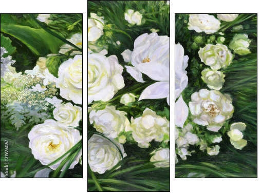 White roses on a green background  - Obraz trzyczęściowy, Tryptyk