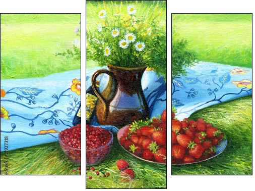 Still-life with camomiles and a strawberry  - Obraz trzyczęściowy, Tryptyk