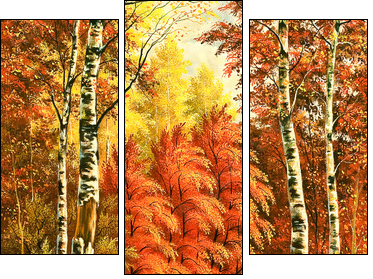 Autumn wood landscape with birches  - Obraz trzyczęściowy, Tryptyk